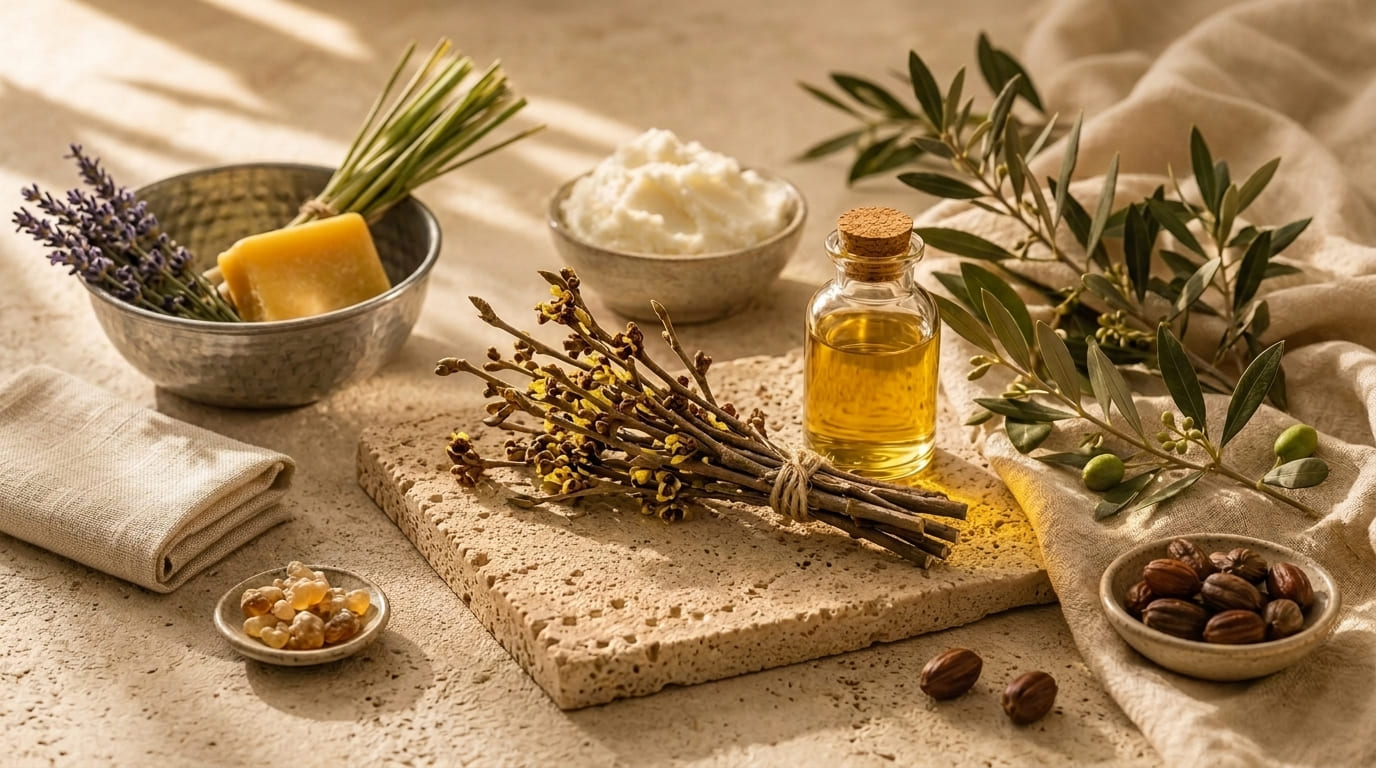 Tre Oro natural skincare ingredients arranged on travertine